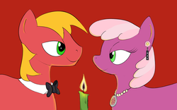 Size: 1680x1050 | Tagged: safe, artist:clacksphob, derpibooru exclusive, big macintosh, cheerilee, earth pony, pony, g4, bowtie, candle, candlelight, ear piercing, earring, jewelry, male, necklace, piercing, ship:cheerimac, shipping, stallion, straight