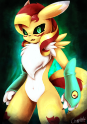 Size: 559x800 | Tagged: dead source, safe, artist:chipflake, sunset shimmer, renamon, anthro, g4, chest fluff, crossover, digimon, female, looking at you, solo, species swap