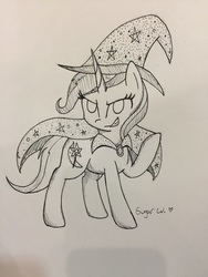 Size: 960x1280 | Tagged: safe, artist:sugarwings-art, trixie, pony, unicorn, g4, female, grin, mare, monochrome, smiling, solo, traditional art