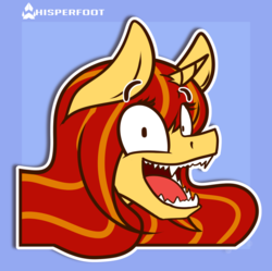 Size: 1280x1275 | Tagged: safe, artist:whisperfoot, oc, oc only, oc:autumn leaf, pony, unicorn, female, long mane, open mouth, sharp teeth, smiling, solo, sticker