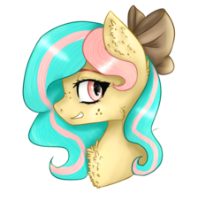 Size: 2220x2020 | Tagged: safe, artist:naturallightning, oc, oc only, oc:vanilla ganache, pony, female, fluffy, freckles, hair bow, high res, mare, profile, solo