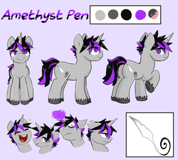 Size: 3000x2703 | Tagged: safe, artist:deep mystery, oc, oc only, oc:amethyst pen, pony, unicorn, butt, cutie mark, high res, magic, male, plot, reference sheet, smiling, solo, stallion, unshorn fetlocks