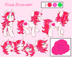 Size: 3150x2511 | Tagged: safe, artist:deep mystery, oc, oc only, oc:rose blossom, pony, unicorn, butt, confused, crying, cutie mark, eyeshadow, female, flower, green eyes, high res, makeup, mare, plot, pose, reference sheet, rose, shocked, solo, trotting