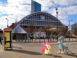 Size: 2816x2112 | Tagged: safe, artist:blackgryph0n, artist:sakatagintoki117, artist:uponia, apple bloom, oc, oc:blackgryph0n, human, g4, bicycle, building, clock, england, high res, irl, manchester, pay phone, photo, ponies in real life, shadow, vector
