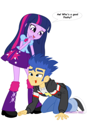 Size: 1600x2263 | Tagged: safe, artist:jucamovi1992, flash sentry, twilight sparkle, human, equestria girls, g4, all fours, behaving like a dog, couple, duo, female, funny, humanized, love, male, pet play, rocker, ship:flashlight, shipping, straight, wat, weird, wtf