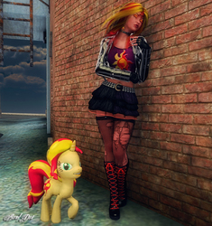 Size: 3663x3900 | Tagged: safe, artist:axel-doi, sunset shimmer, human, pony, unicorn, g4, 3d, 3d coat, belt, boots, choker, clothes, eyes closed, high res, human ponidox, jacket, midriff, miniskirt, poser pro, sexy, side by side, signature, skirt, stockings, tank top, torn clothes, wall