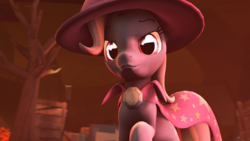Size: 1920x1080 | Tagged: safe, artist:idups, trixie, pony, unicorn, g4, 3d, cape, clothes, female, looking at you, mare, sign, solo, source filmmaker, tree, trixie's hat