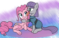 Size: 2850x1842 | Tagged: safe, artist:pencils, maud pie, pinkie pie, earth pony, pony, g4, :j, clothes, confused, dock, drool, duo, face licking, female, floppy ears, hug, licking, mare, on side, open mouth, out of character, scrunchy face, sisters, sitting, tongue out, underhoof, wide eyes