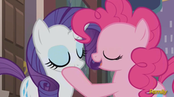 Size: 1220x680 | Tagged: safe, screencap, pinkie pie, rarity, pony, g4, the gift of the maud pie, eyes closed, out of context, shipping fuel