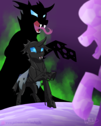 Size: 900x1118 | Tagged: safe, artist:inuhoshi-to-darkpen, thorax, changeling, g4, the times they are a changeling, behind you, male, monster, open mouth, raised hoof, shadow, signature, snow, solo, tongue out