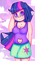 Size: 2160x3723 | Tagged: safe, artist:amybun, artist:bunxl, twilight sparkle, human, equestria girls, g4, belly button, clothes, female, high res, human coloration, navel cutout, one-piece swimsuit, skirt, solo, sparkly eyes, swimsuit, wingding eyes