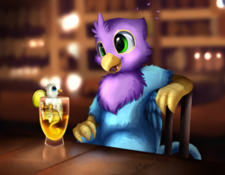 Size: 2969x2304 | Tagged: safe, artist:pridark, oc, oc only, oc:der, oc:gyro feather, oc:gyro tech, griffon, alcohol, bar, commission, drink, glass, griffonized, high res, lime, micro, open mouth, signature, size difference