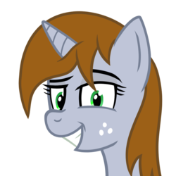 Size: 784x784 | Tagged: safe, artist:wellfugzee, oc, oc only, oc:littlepip, pony, unicorn, fallout equestria, bust, fanfic, fanfic art, female, freckles, grin, horn, mare, portrait, reaction image, simple background, smiling, smug, solo, transparent background