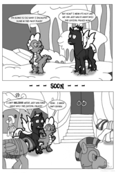 Size: 895x1330 | Tagged: safe, artist:scyphi, spike, thorax, changeling, crystal pony, pony, g4, the times they are a changeling, comic, monochrome, royal guard