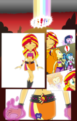 Size: 2922x4580 | Tagged: safe, artist:drewdini, adagio dazzle, applejack, fluttershy, pinkie pie, rainbow dash, rarity, sonata dusk, sunset shimmer, twilight sparkle, comic:equestrian city, equestria girls, g4, bare shoulders, belly button, comic, equestrian city, exclamation point, magic, mane six, midriff, ponied up, sleeveless, strapless, twilight sparkle (alicorn)