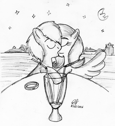 Size: 2272x2494 | Tagged: safe, artist:thegreatmewtwo, fluttershy, oc, unnamed oc, g4, canon x oc, date, dating, high res, kissing, marriage proposal, milkshake, monochrome, night, ring, shipping, traditional art