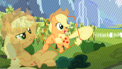 Size: 1920x1080 | Tagged: safe, artist:ahsokafan100, artist:rainbowrage12, artist:silentmatten, artist:stinkehund, applejack, g4, female, solo, sweet apple acres, text, vector, wallpaper, waterfall