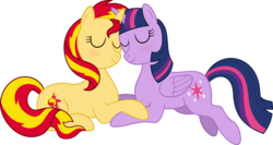 Size: 10978x5826 | Tagged: safe, artist:sugar-loop, sunset shimmer, twilight sparkle, alicorn, pony, unicorn, g4, absurd resolution, cuddling, eyes closed, female, lesbian, mare, newbie artist training grounds, ship:sunsetsparkle, shipping, smiling, snuggling, twilight sparkle (alicorn)