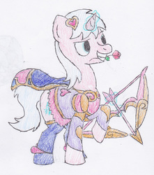 Size: 1452x1641 | Tagged: safe, artist:egg_roll, arrow, ashe, bow (weapon), bow and arrow, hearts and hooves day, league of legends, ponified, traditional art, weapon