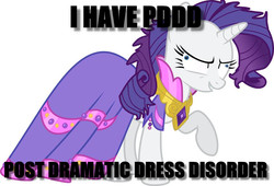 Size: 960x653 | Tagged: safe, rarity, friendship is witchcraft, g4, clothes, derp, dress, image macro, insanity, meme, messy mane, ptsd, raised hoof, rariderp, that pony sure does love dresses