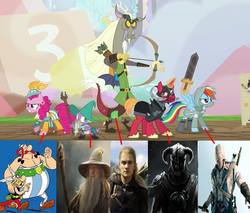 Size: 960x818 | Tagged: safe, edit, edited screencap, screencap, big macintosh, discord, pinkie pie, rainbow dash, spike, pony, unicorn, dungeons and discords, g4, assassin's creed, assassin's creed iii, asterix, asterix and obelix, bard pie, captain wuzz, connor kenway, dovahkiin, dungeons and dragons, fantasy, gandalf, garbuncle, legolas, lord of the rings, meme, obelix, ogres and oubliettes, orlando bloom, race swap, rainbow rogue, sir mcbiggen, skyrim, the elder scrolls, unicorn big mac
