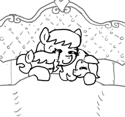 Size: 640x600 | Tagged: safe, artist:ficficponyfic, oc, oc only, oc:emerald jewel, oc:hope blossoms, oc:ruby rouge, earth pony, pony, colt quest, adult, bed, bedroom, blanket, child, colt, cuddling, cute, eyes closed, female, filly, foal, hair over one eye, heart, male, mare, monochrome, nuzzling, pillow, smiling, snuggling, story included