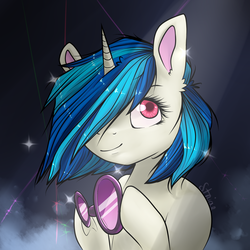 Size: 3000x3000 | Tagged: safe, artist:striar, dj pon-3, vinyl scratch, g4, female, hair over one eye, high res, looking at you, smiling, solo