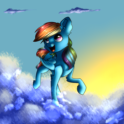 Size: 3000x3000 | Tagged: safe, artist:striar, rainbow dash, g4, cloud, female, high res, open mouth, prancing, sky, solo, sunrise