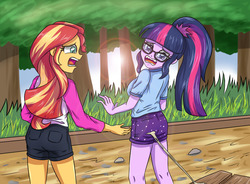 Size: 4724x3472 | Tagged: safe, artist:sumin6301, sci-twi, sunset shimmer, twilight sparkle, equestria girls, g4, my little pony equestria girls: legend of everfree, absurd resolution, ass, bench, bunset shimmer, butt, clothes, fangs, female, glasses, gum, lens flare, open mouth, sap, sci-twibutt, shorts, stick, twibutt, wide hips