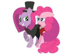 Size: 2592x1936 | Tagged: safe, artist:squipycheetah, pinkie pie, earth pony, pony, g4, adorabolical, alternate eye color, cape, clothes, cute, cuteamena, dr jekyll and mr hyde, dr pinkie, dr pinkie and miss pie, evil, evil grin, female, floppy ears, frown, happy, hat, lesbian, looking back, looking up, mare, miss mena, miss pie, miss pinkamena, pinkamena diane pie, pinkiemena, possessive, scarf, self paradox, self ponidox, selfcest, shipping, simple background, sitting, standing, tail hold, tail hug, tail wrap, teeth, top hat, transparent background, vector, vest