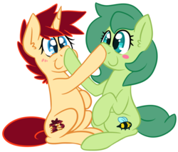 Size: 1000x851 | Tagged: safe, artist:bloodorangepancakes, oc, oc only, oc:ruby pancakes, oc:silly numptie, earth pony, pony, unicorn, boop, duo, female, mare, simple background, transparent background