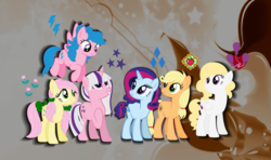 Size: 1024x606 | Tagged: safe, artist:pokeami, applejack (g1), firefly, posey, sparkler (g1), surprise, twilight, g1, g4, alternate cutie mark, alternate hairstyle, base used, g1 six, g1 to g4, generation leap