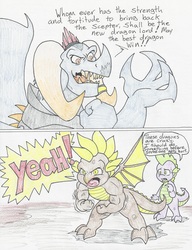 Size: 4976x6480 | Tagged: safe, artist:flicker-show, artist:sunnyponycitrusbutt, dragon lord torch, spike, oc, oc:mace the dragon, dragon, g4, gauntlet of fire, absurd resolution, bloodstone scepter, colored pencil drawing, comic, grammar error, misspelling, muscles, traditional art, vein, yeah