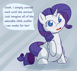 Size: 1123x1036 | Tagged: safe, artist:funble, rarity, g4, belly button, blushing, cute, female, looking at you, preggity, pregnant, raised hoof, sitting, smiling, solo
