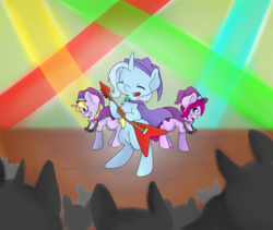 Size: 5005x4225 | Tagged: safe, artist:cutepencilcase, fuchsia blush, lavender lace, trixie, pony, equestria girls, g4, my little pony equestria girls: rainbow rocks, absurd resolution, background human, bipedal, equestria girls ponified, female, flying v, guitar, ponified, stage, trixie and the illusions
