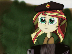 Size: 1016x760 | Tagged: safe, artist:sunnyblam, sunset shimmer, equestria girls, g4, accordion, beret, dat face soldier, female, get, musical instrument, remove kebab, solo
