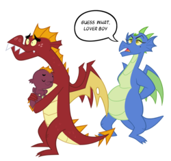 Size: 850x800 | Tagged: safe, artist:queencold, edit, garble, oc, oc:frazzle, dragon, g4, baby dragon, canon x oc, dragon oc, dragoness, pregnant, shipping, simple background, speech bubble, teen pregnancy, teenaged dragon, text, transparent background, you dun goofed