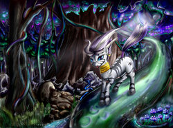 Size: 1024x763 | Tagged: safe, artist:gremlinkun, zecora, zebra, g4, everfree forest, female, forest, solo, tree