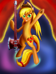 Size: 768x1024 | Tagged: safe, artist:gremlinkun, applejack, earth pony, pony, g4, axe guitar, bipedal, female, guitar, solo