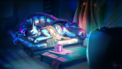 Size: 2162x1216 | Tagged: safe, artist:alumx, rarity, pony, unicorn, love letters (vylet pony), vylet pony, g4, blanket, couch, cup, drink, envelope, female, living room, mare, night sky, prone, solo, song cover, stars, television, watching