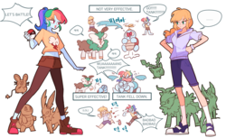 Size: 1280x784 | Tagged: safe, artist:dusty-munji, applejack, rainbow dash, dedenne, hoppip, human, jolteon, leafeon, skiddo, squirtle, belly button, clothes, converse, crossover, humanized, midriff, parody, pokémon, pony coloring, shoes, sneakers