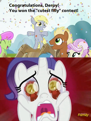 Size: 964x1272 | Tagged: safe, edit, edited screencap, screencap, derpy hooves, meadow song, merry may, rarity, pegasus, pony, g4, the cart before the ponies, blatant lies in the comments, cute, derpabetes, filly, filly derpy, foal, this image contains a chicken