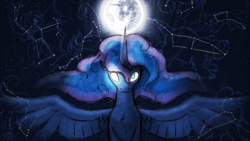 Size: 4000x2250 | Tagged: safe, artist:dragonwolfrooke, princess luna, alicorn, pony, g4, 4everfreebrony, constellation, ethereal mane, female, high res, horn, looking at you, mare, mare in the moon, moon, song cover, spread wings, starry mane, stars, wings
