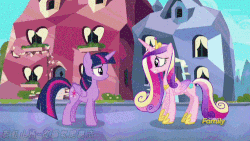 Size: 500x281 | Tagged: safe, artist:小凱, edit, edited screencap, screencap, princess cadance, twilight sparkle, alicorn, pony, g4, the times they are a changeling, animated, butt shake, chinese, female, gif, loop, sisters-in-law, sunshine sunshine, twilight sparkle (alicorn)