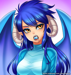 Size: 1000x1065 | Tagged: safe, artist:racoonsan, princess ember, human, g4, bedroom eyes, bodysuit, breasts, clothes, drool, elf ears, eyebrows, eyebrows visible through hair, eyeshadow, fangs, female, freckles, gem, gradient background, horn, horned humanization, horns, humanized, looking at you, makeup, open mouth, patreon, salivating, sapphire, sexy, solo, stone, stupid sexy princess ember, tongue out, winged humanization