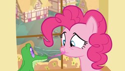 Size: 1920x1080 | Tagged: safe, screencap, gummy, pinkie pie, g4, party pooped, cute, duo, forked tongue, tongue out