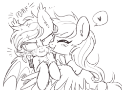 Size: 2828x2092 | Tagged: safe, artist:hawthornss, derpibooru exclusive, oc, oc only, oc:paper stars, oc:star shower, bat pony, pegasus, pony, blushing, chest fluff, cute, ear fluff, female, high res, lesbian, mare, monochrome, paperbetes, pomf, shipping, simple background, tongue out