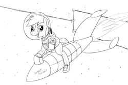 Size: 1500x1000 | Tagged: safe, artist:phidaazn, derpy hooves, rarity, pegasus, pony, g4, 4chan cup, astronaut, female, mare, meme, monochrome, rariball, rocket, safest hooves, space, spacesuit