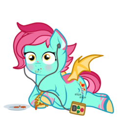 Size: 800x800 | Tagged: safe, artist:jolteongirl, artist:preggyponies-4u, oc, oc only, oc:starwind, bat pony, pony, female, food, headphones, kicking, mare, pizza, pregnant, simple background, solo, transparent background