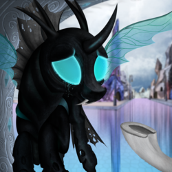Size: 2000x2000 | Tagged: safe, artist:konsumo, thorax, changeling, g4, the times they are a changeling, crying, crystal empire, high res, smiling, tears of joy